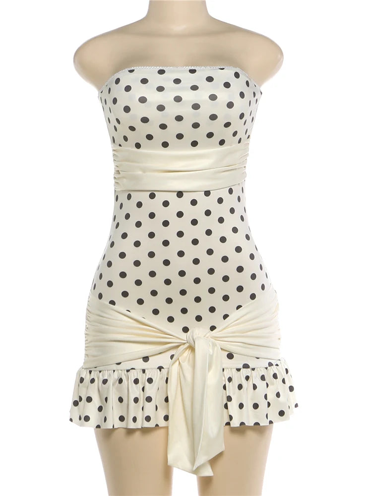 White Polka Dot Strapless Backless Tassel Bodycon Mini Dress