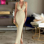 Hollow Knit Maxi Dress With V Neck Sleek Slim Fit Elegant High Slit