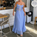Patchwork Tie Up Camisole Set With Ruched Ruffle Maxi Skirt