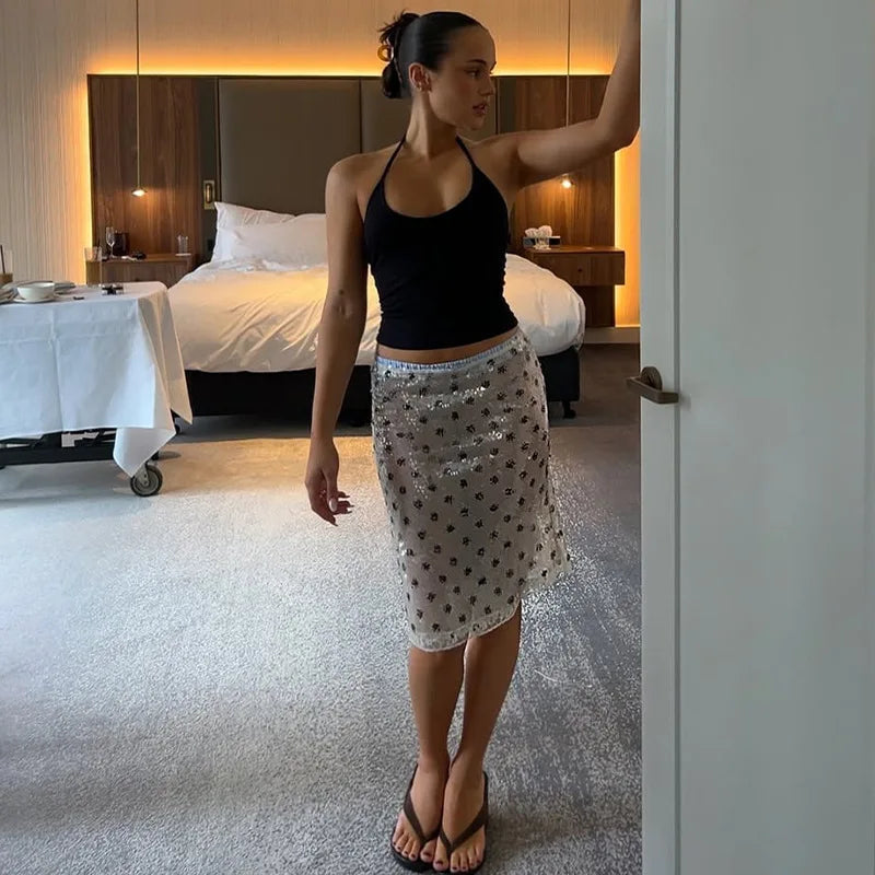 Vintage Polka Dot Glitter High Waist Skirt With Sequin Shine And Glam