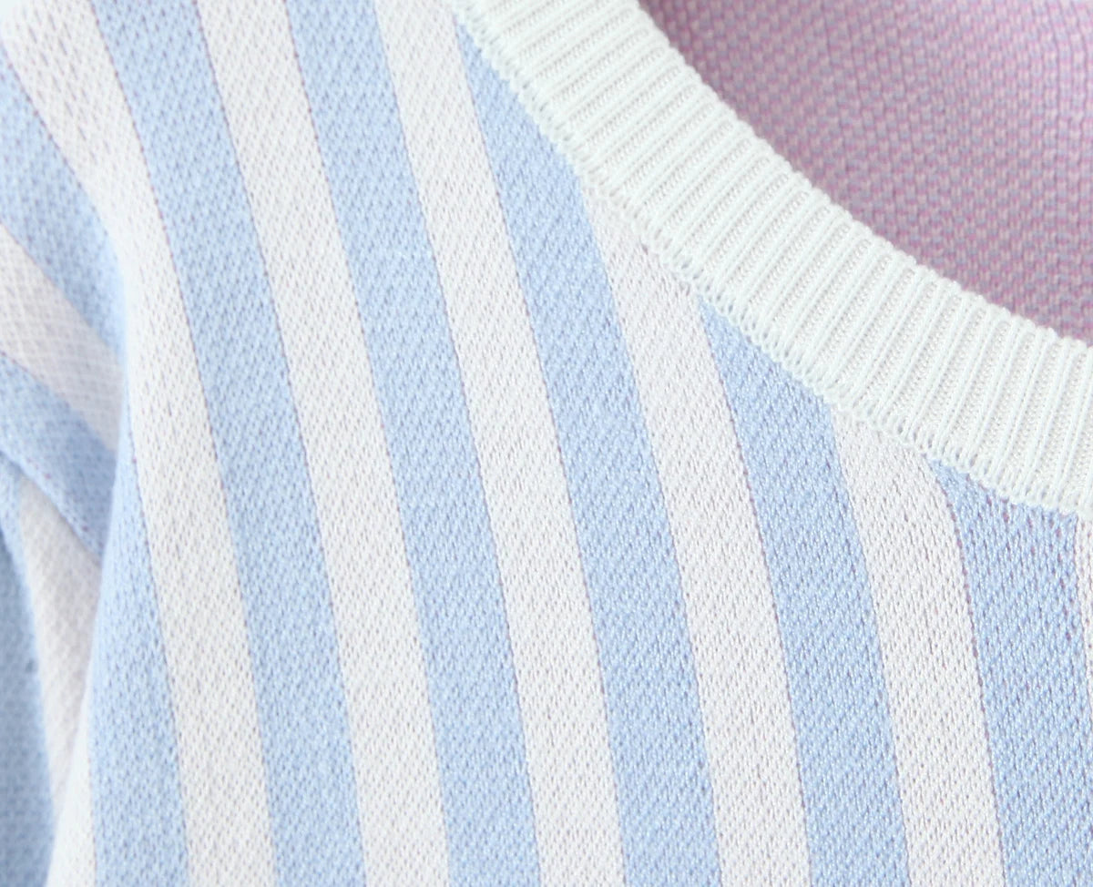 Sweet Blue White Striped Button Through Pointelle Knit Cardigan Sweater Woman Full Puff Sleeve Jumper Cropped Knitwear
