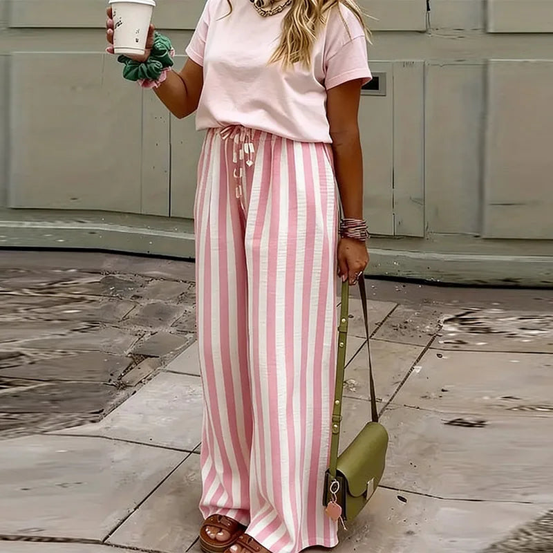 Relaxed Striped Pants For Women With Elastic Waist And Lace Up Detail Wide Leg Straight Trousers