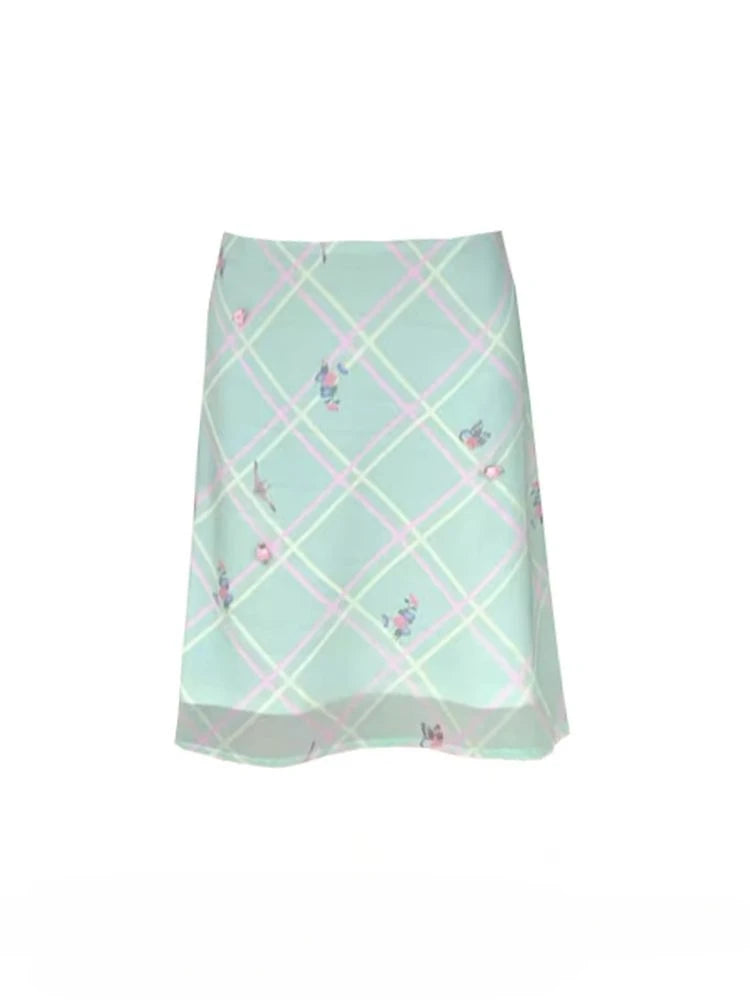 Sweet Vintage Elegant Floral Plaid Skirt In Green With Mesh Detail