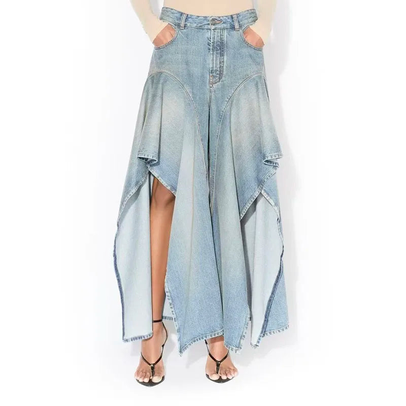 Dreamy Denim Flare Pants With Irregular Ruffles For Women High Waist Loose Fit Boho Vibe