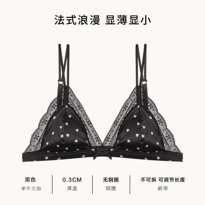 French Style Satin Lace Lingerie Set With Triangle Cups Wireless Soft Fabric Daily Wear