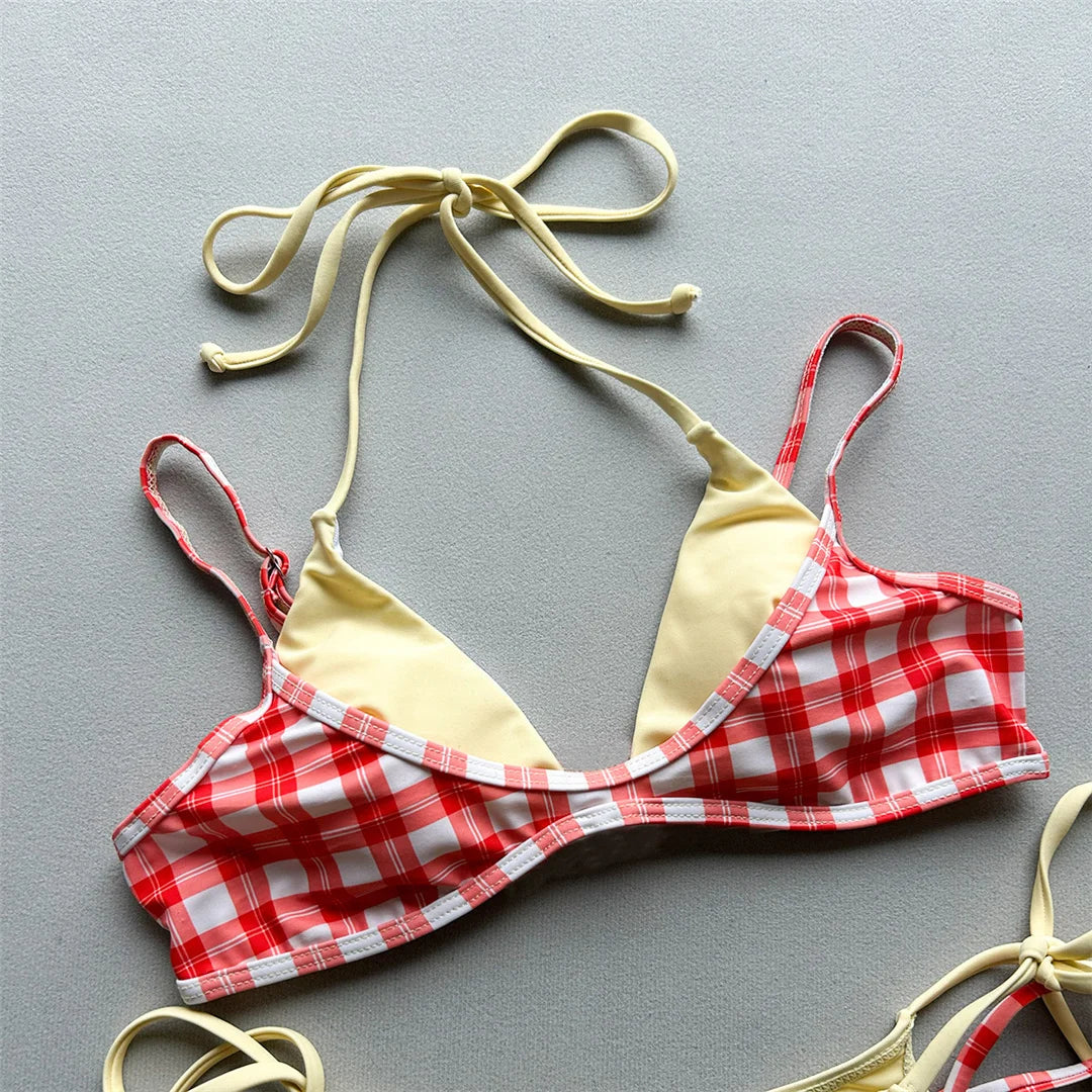 Halter Bikini Set in Plaid and Polka Dots