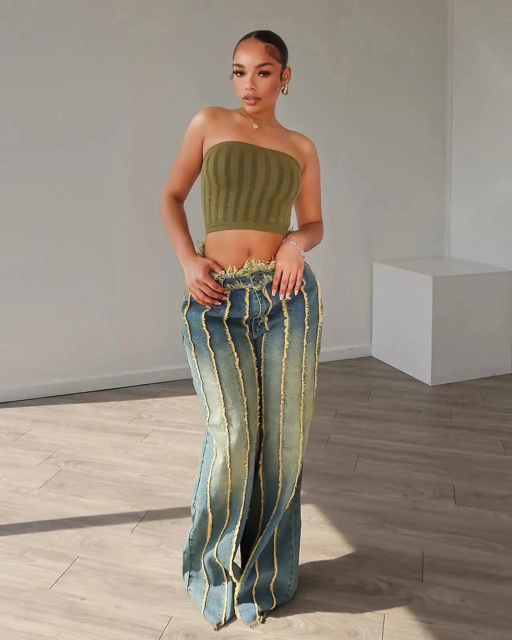 Wide Leg High Waist Denim Jeans For Women Chic Streetwear Straight Trousers With Drawstring
