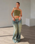 Wide Leg High Waist Denim Jeans For Women Chic Streetwear Straight Trousers With Drawstring