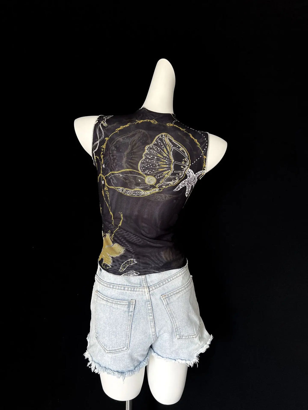 Chic Double Layer Mesh Tee With Elegant Print And High Collar Short Sleeve Women Net Shirt