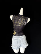 Chic Double Layer Mesh Tee With Elegant Print And High Collar Short Sleeve Women Net Shirt