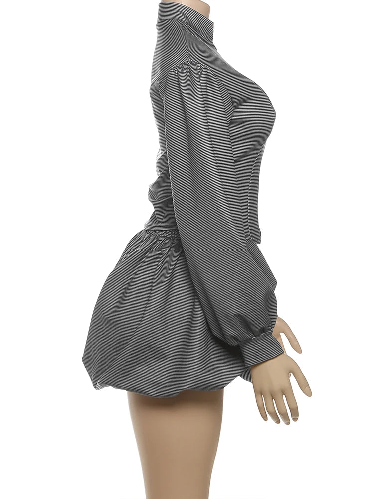 Stripe Zipper Cardigan And Ruched Mini Skirt Set