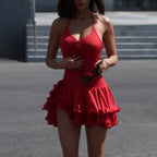 Ruffled Hem Sleeveless Mini Dress With V Neck Backless Irregular A Line Bodycon Streetwear Chic