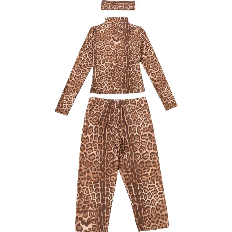 Leopard Print Mock Neck Tracksuit With Slim Capri Pants