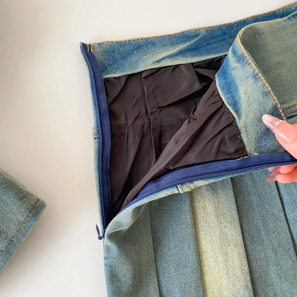Denim Set With Sleeveless Cami Top And Mini Skirt Slim Fit Zipper