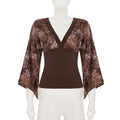 V Neck Patchwork Tee With Batwing Sleeves Retro Aesthetic Top