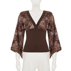 V Neck Patchwork Tee With Batwing Sleeves Retro Aesthetic Top
