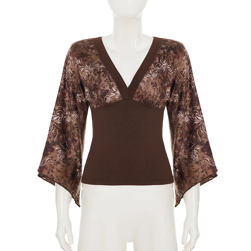 V Neck Patchwork Tee With Batwing Sleeves Retro Aesthetic Top