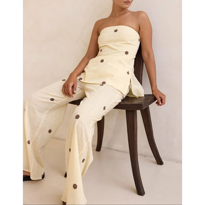 Polka Dot Print Outfits Set Smocked Backless Strapless Tube Tops+Elastic High Waist Wide Leg Pants