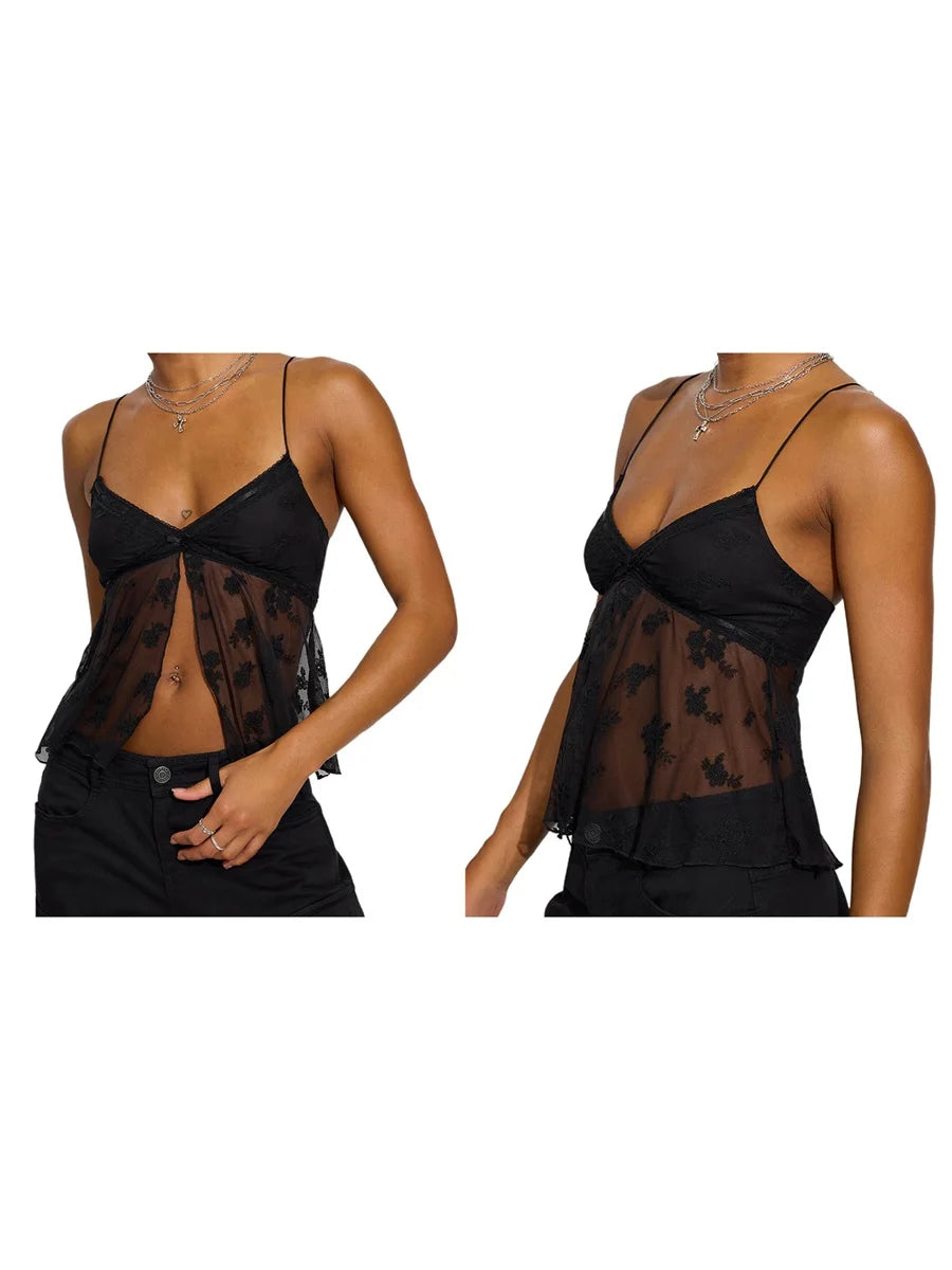 Sunny Day Floral Embroidered Mesh Cami Top With V Neck And Lace Trim