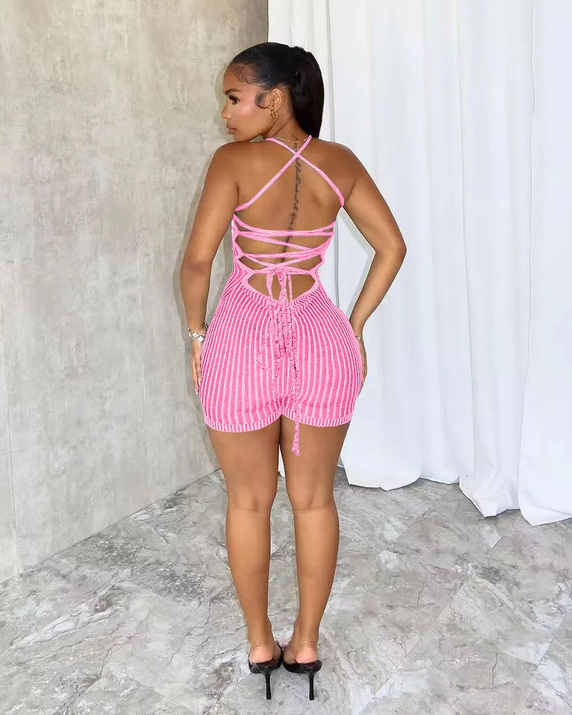 Backless Striped Knit Romper With Bandage Flattering Fit