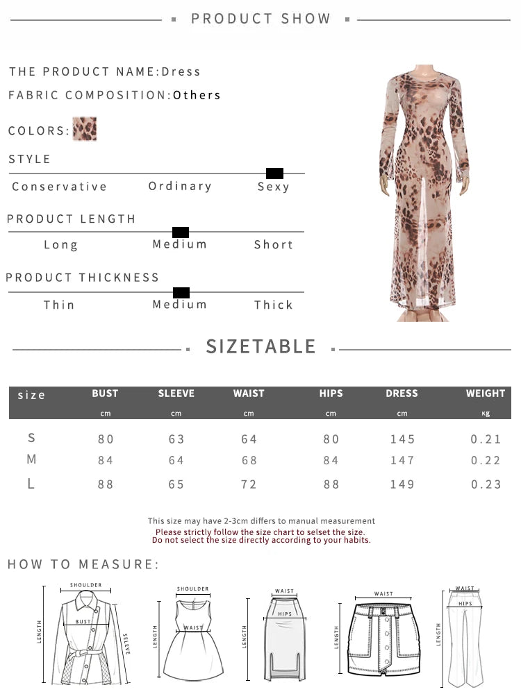 Leopard Print See Through Maxi Dress With O Neck Long Sleeves Backless Cross Bandage Detail
