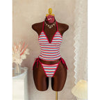 Striped V Neck Tankini Two Piece Bikini Halter Set