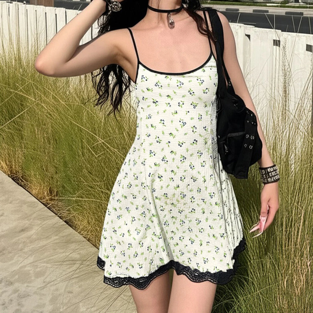 Sexy Floral Strap Ruffle Lace Short Dress