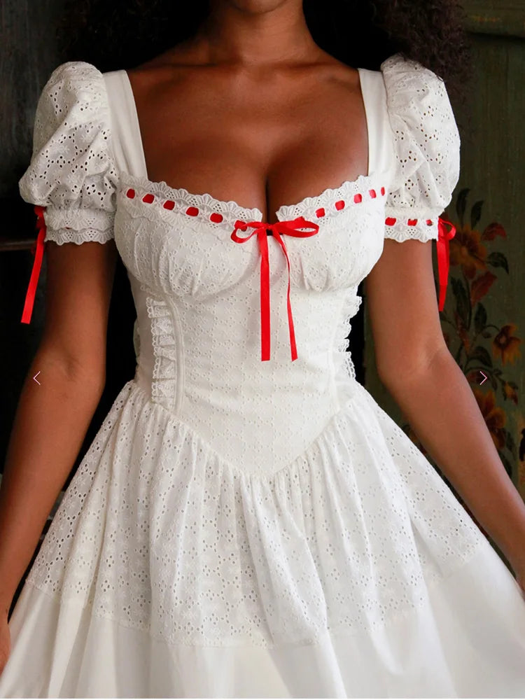 Vintage Bowknot White Dress With Square Collar Cotton Hollow Out
