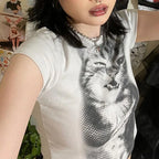 Animal Print Crop Top In White Slim Fit Crewneck Tee For Casual Vintage Vibe Everyday Chic
