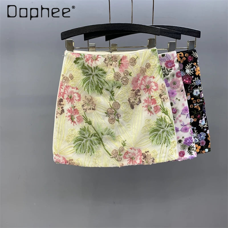 Floral Sequined Mini Skirt With High Waist Glam Inspired Retro Vibe