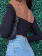 Hollow Out V Neck Ribbed Backless Crop Top With Long Sleeves And Square Collar