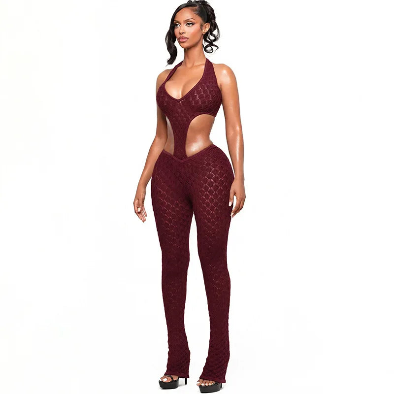 Mesh Backless Halter Jumpsuit With See Through Panels And Figure Hugging Fit