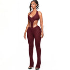 Mesh Backless Halter Jumpsuit With See Through Panels And Figure Hugging Fit