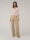 Khaki-colored Washed Low-rise Denim Pants with Rolled Cuffs and Straight-leg Design