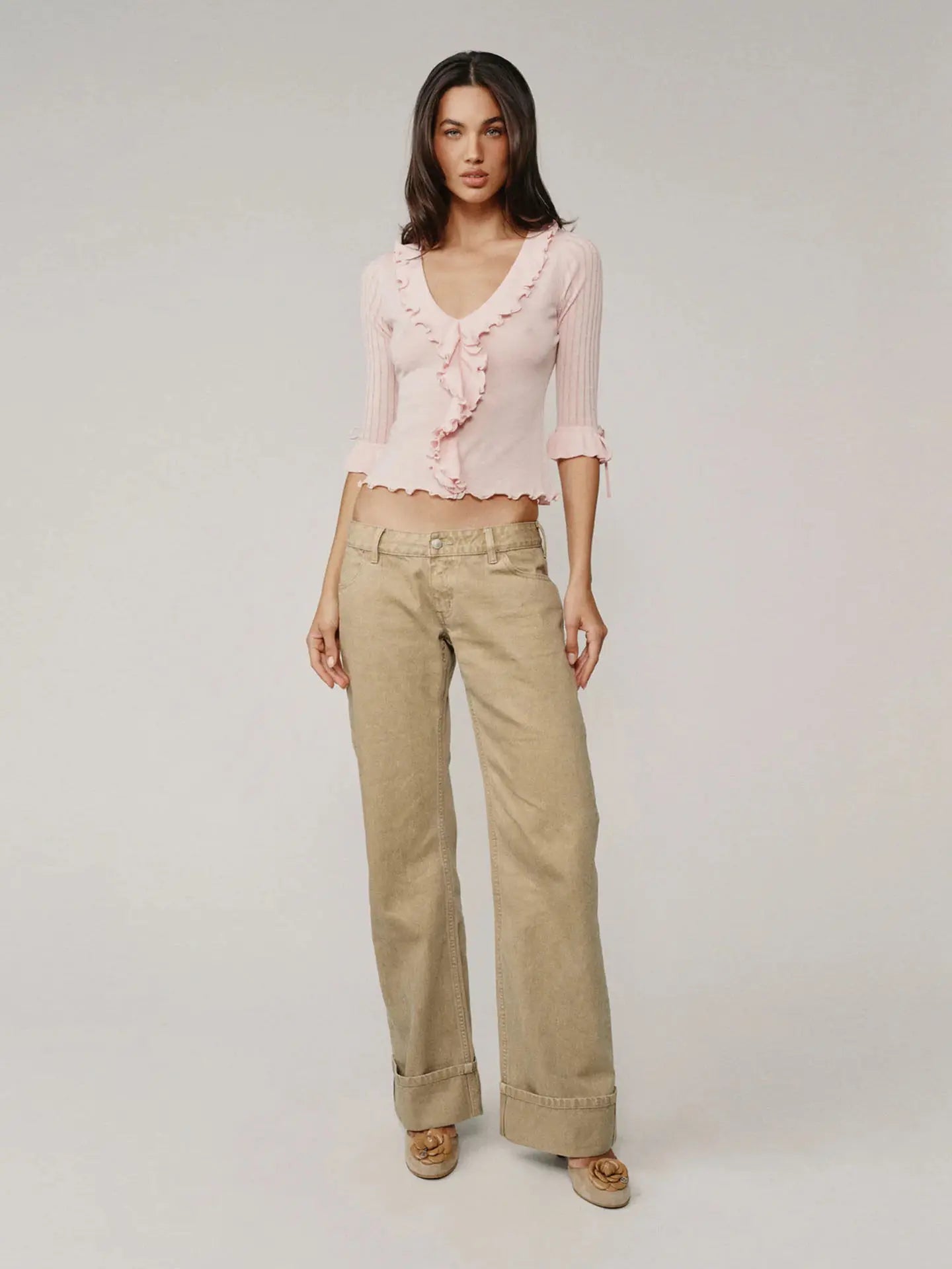 Khaki-colored Washed Low-rise Denim Pants with Rolled Cuffs and Straight-leg Design