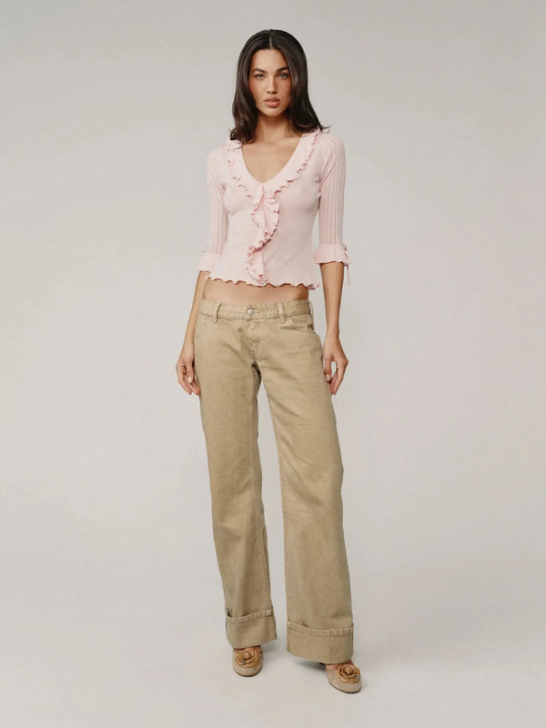 Khaki-colored Washed Low-rise Denim Pants with Rolled Cuffs and Straight-leg Design