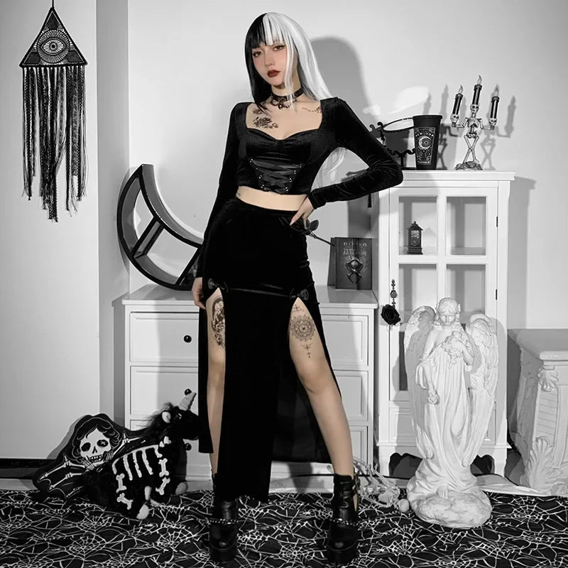 Punk High Waist Skirt With Bow Side Split Knee Length