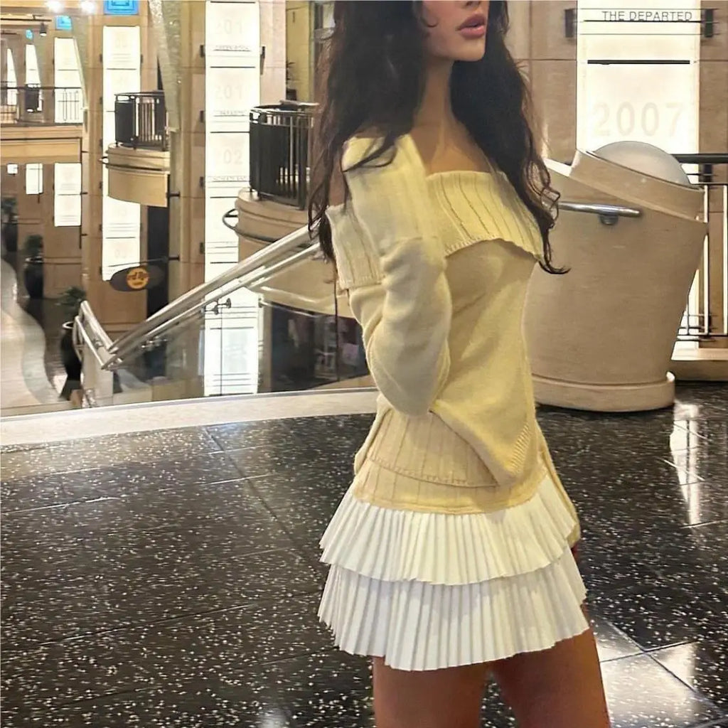 Knit Color Block Mini Skirt High Waisted Pleated
