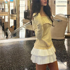 Knit Color Block Mini Skirt High Waisted Pleated
