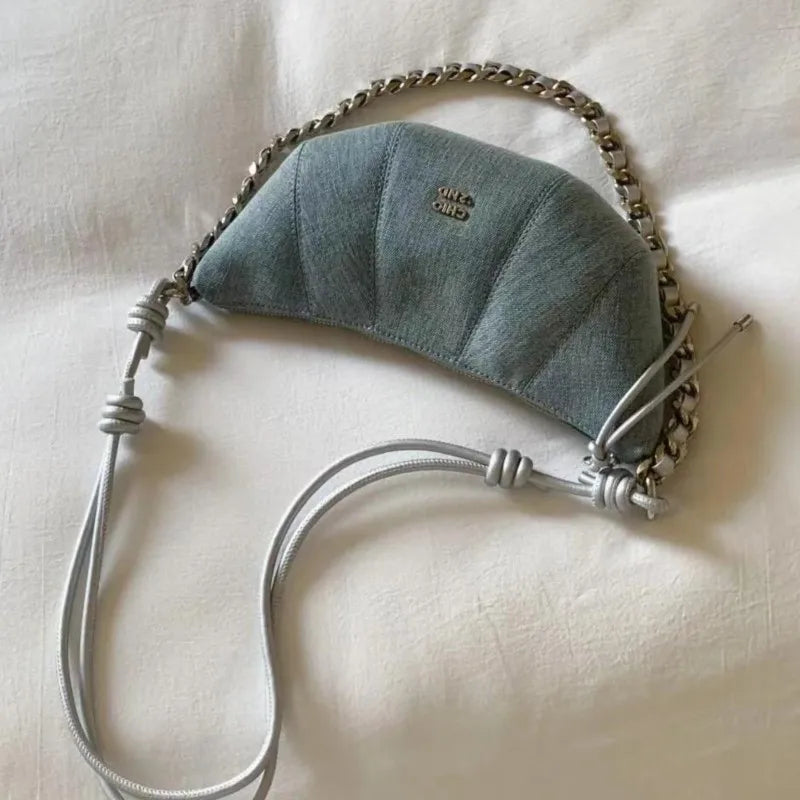 Retro Denim Crossbody Bag With Chain Ornament
