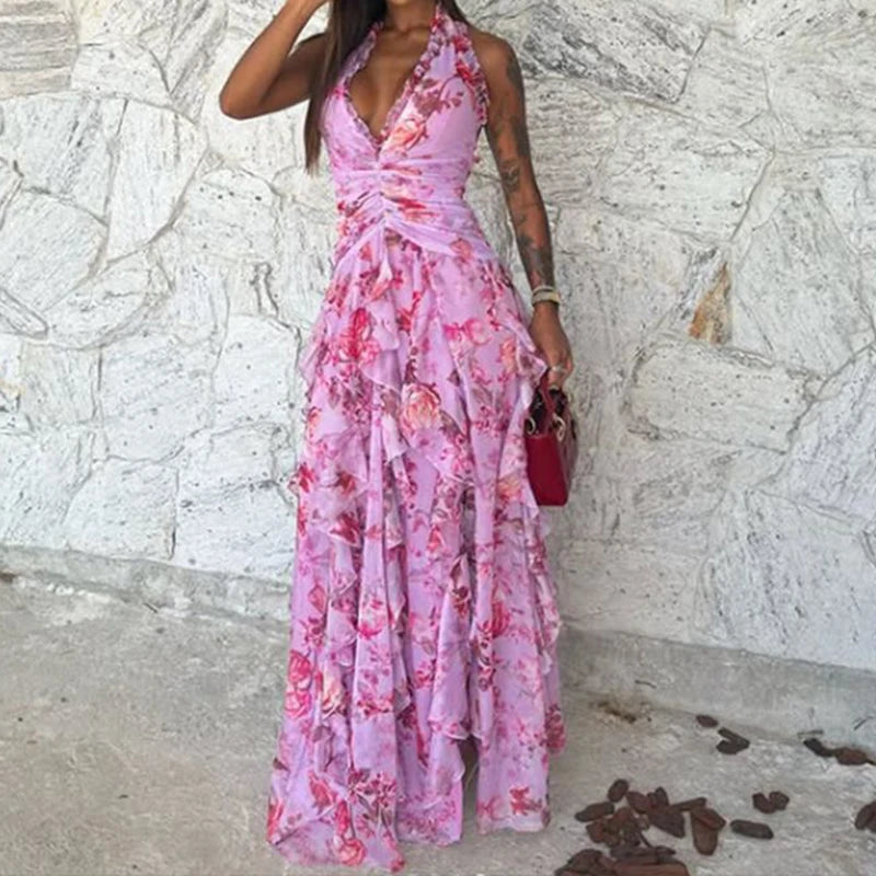 Elegant Patterned Dress With Lace Up Halter Neck Slim Long Silhouette And Ruffle Detail