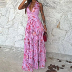 Elegant Patterned Dress With Lace Up Halter Neck Slim Long Silhouette And Ruffle Detail