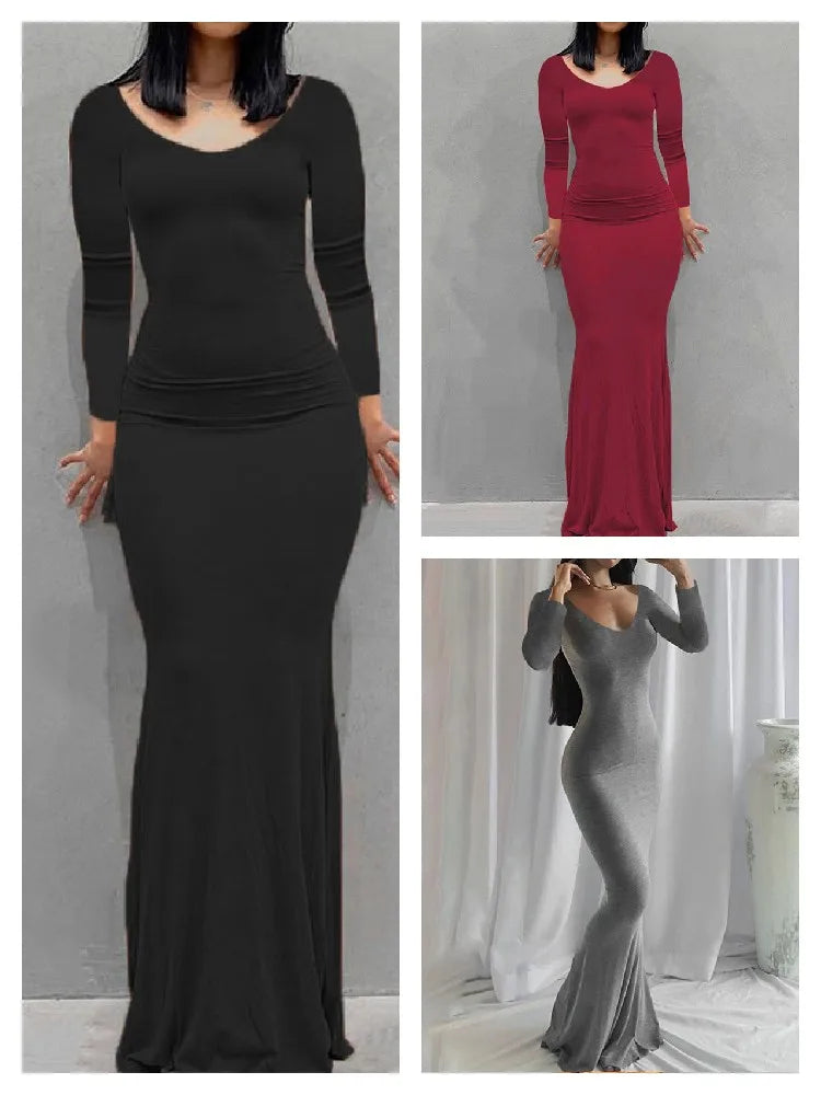 Long Sleeve Dress With Slim Silhouette And Flowing Maxi Skirt