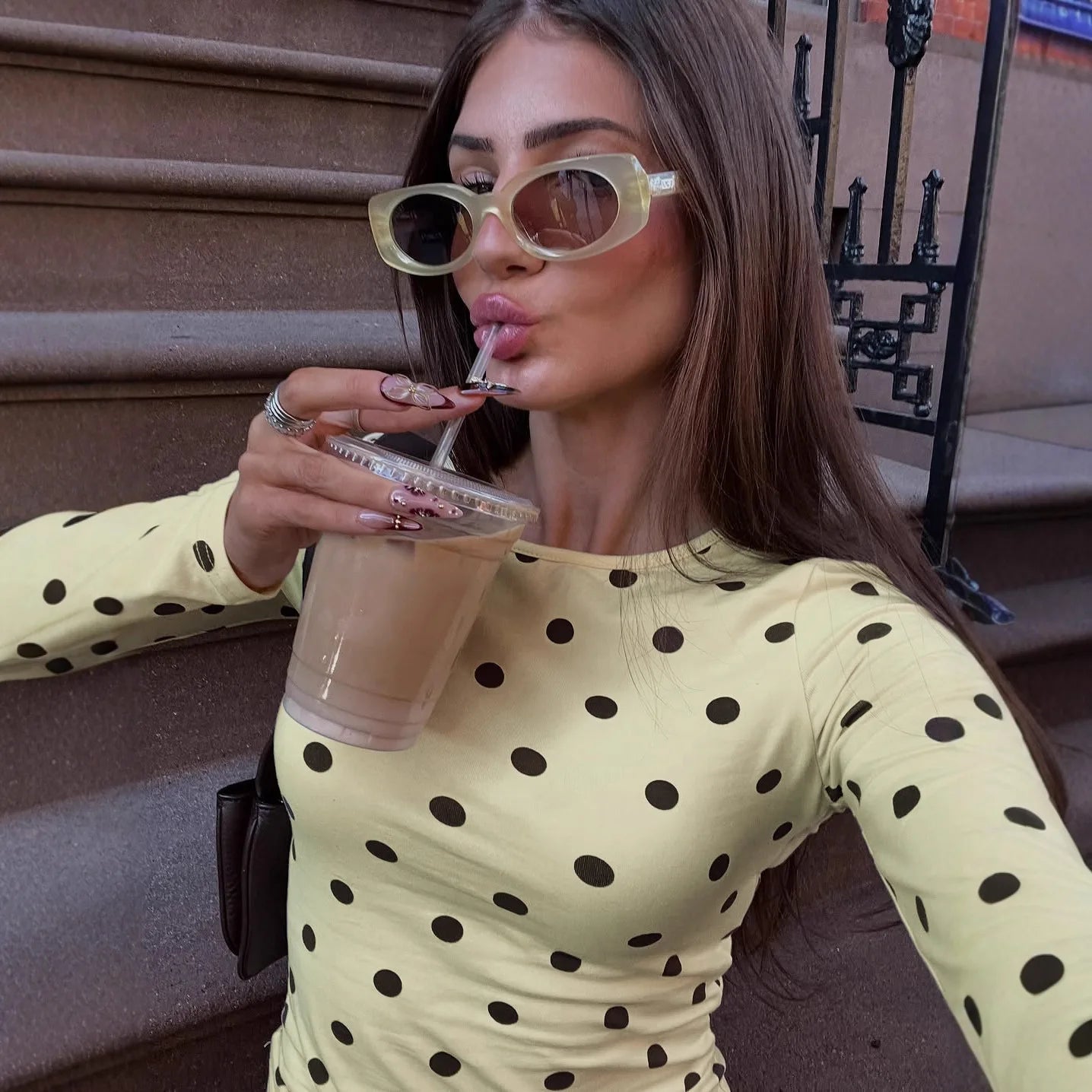 Yellow Dot Print O Neck Long Sleeve Tee Slim Fit Retro Streetwear