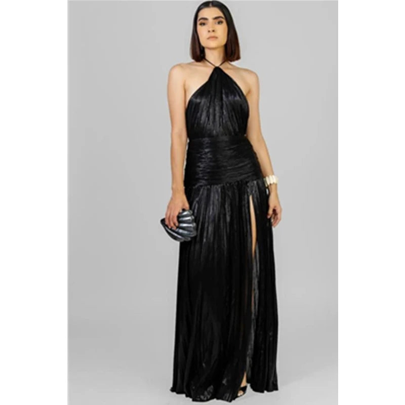 Off Shoulder Corset Halter Evening Gown With Slit