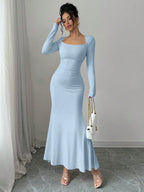 Retro Square Collar Dress With Long Sleeves In Solid Color