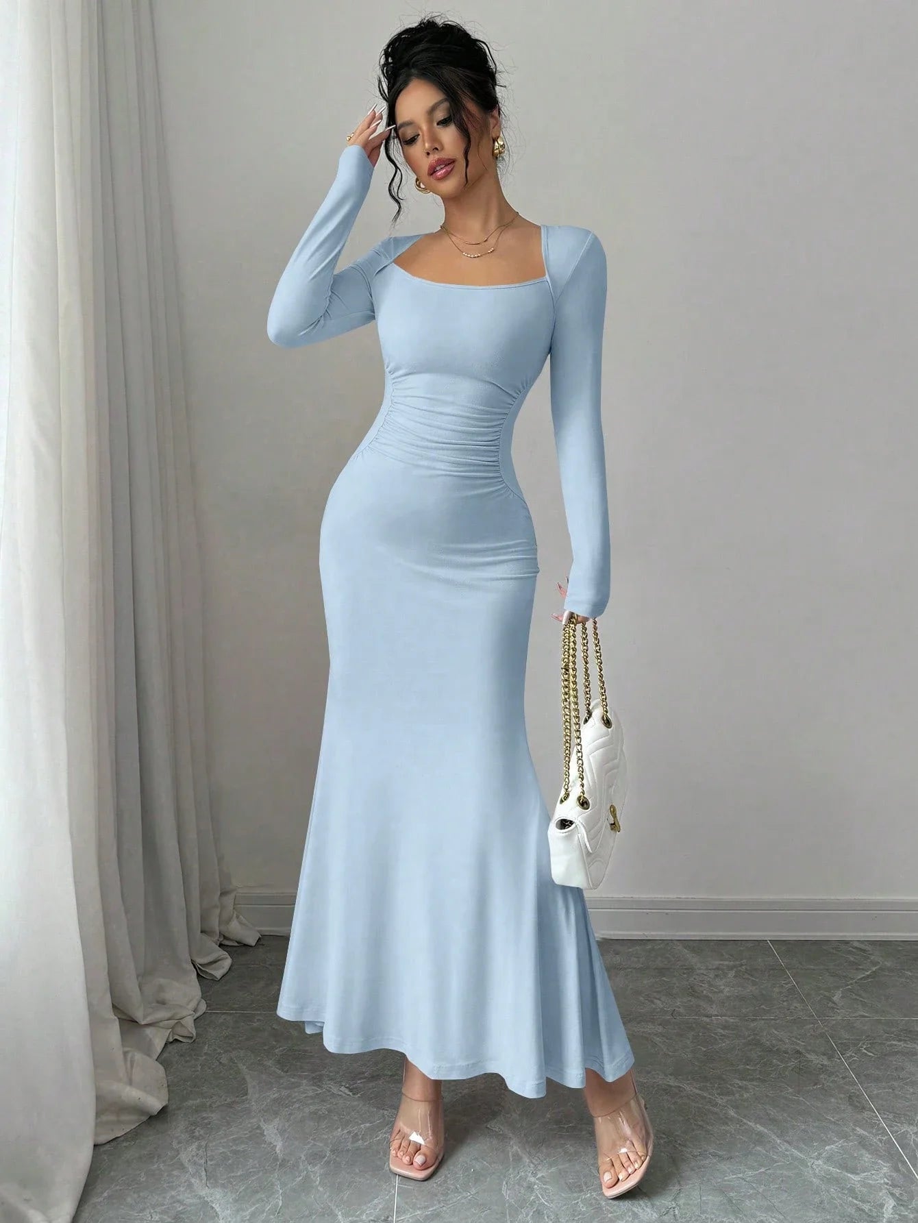 Retro Square Collar Dress With Long Sleeves In Solid Color