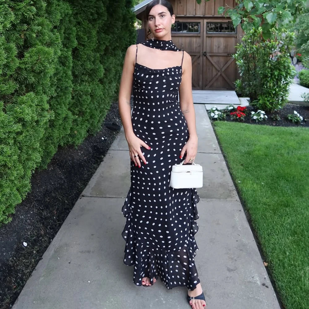 Elegant Polka Dot Halter Sleeveless Maxi Dress With Pleated Skirt And Ribbon Scarf