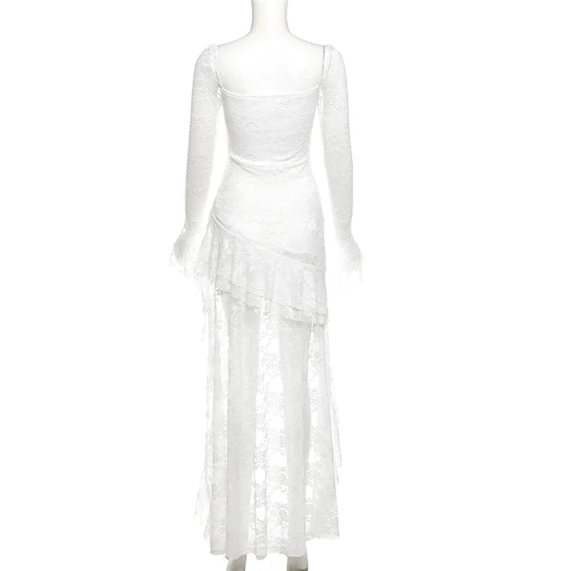 Gothic Fairycore Lace A Line Dress With Flare Sleeves And Square Neck