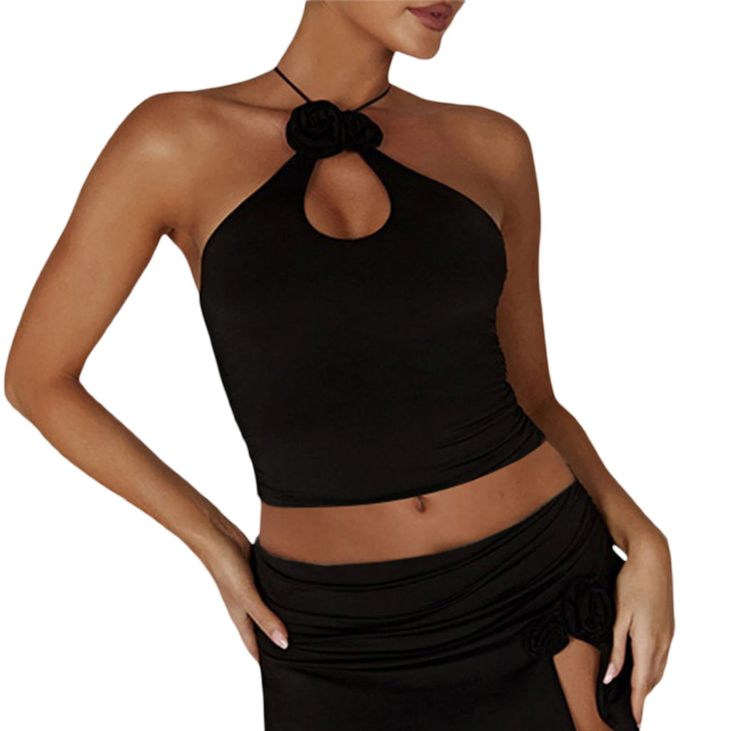 Floral Hollow Out Cross Back Tank Top With Flower Decor Cropped Sleeveless